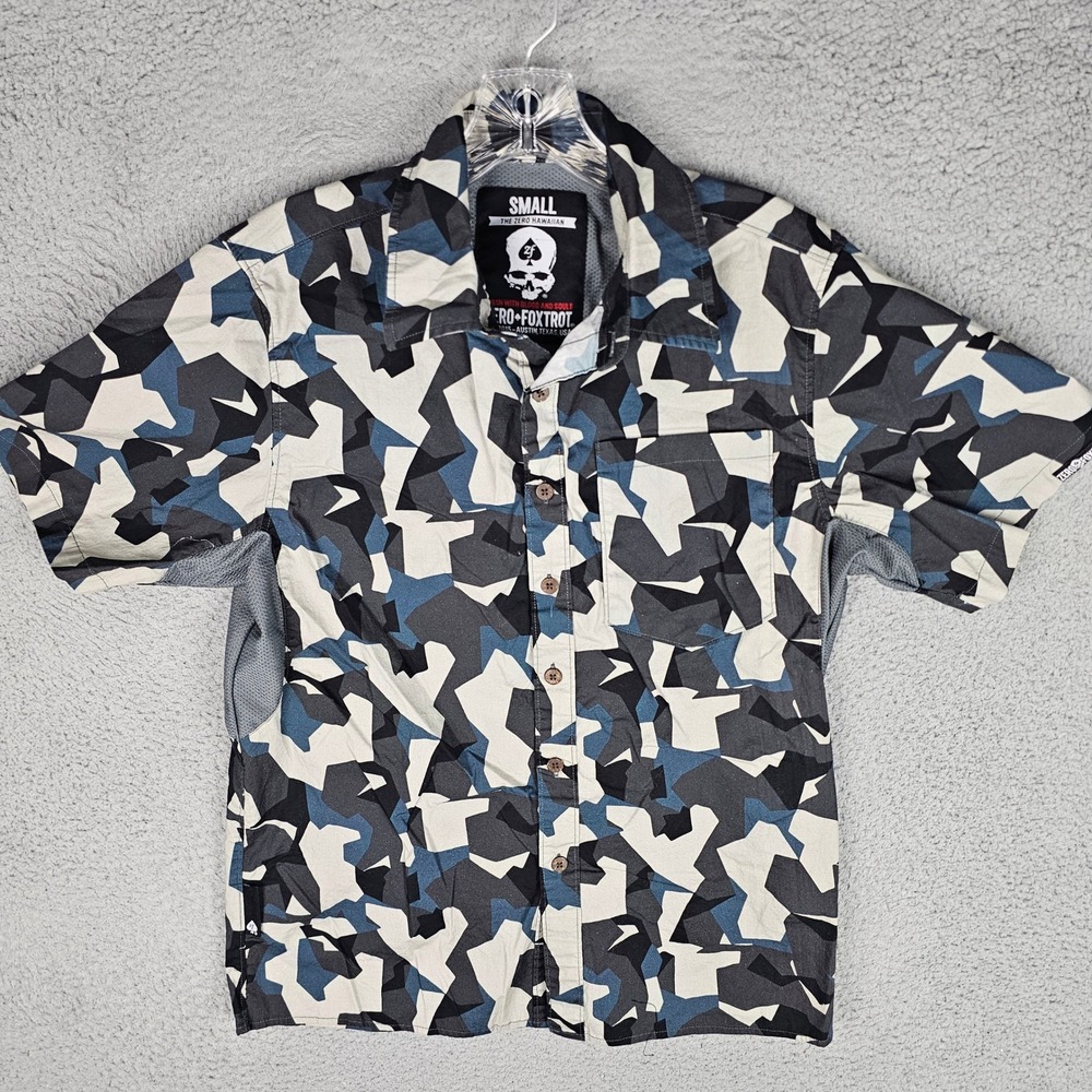 Zero Foxtrot Button Up Mens Small The Zero Hawaiian Geometric Camo Tactical